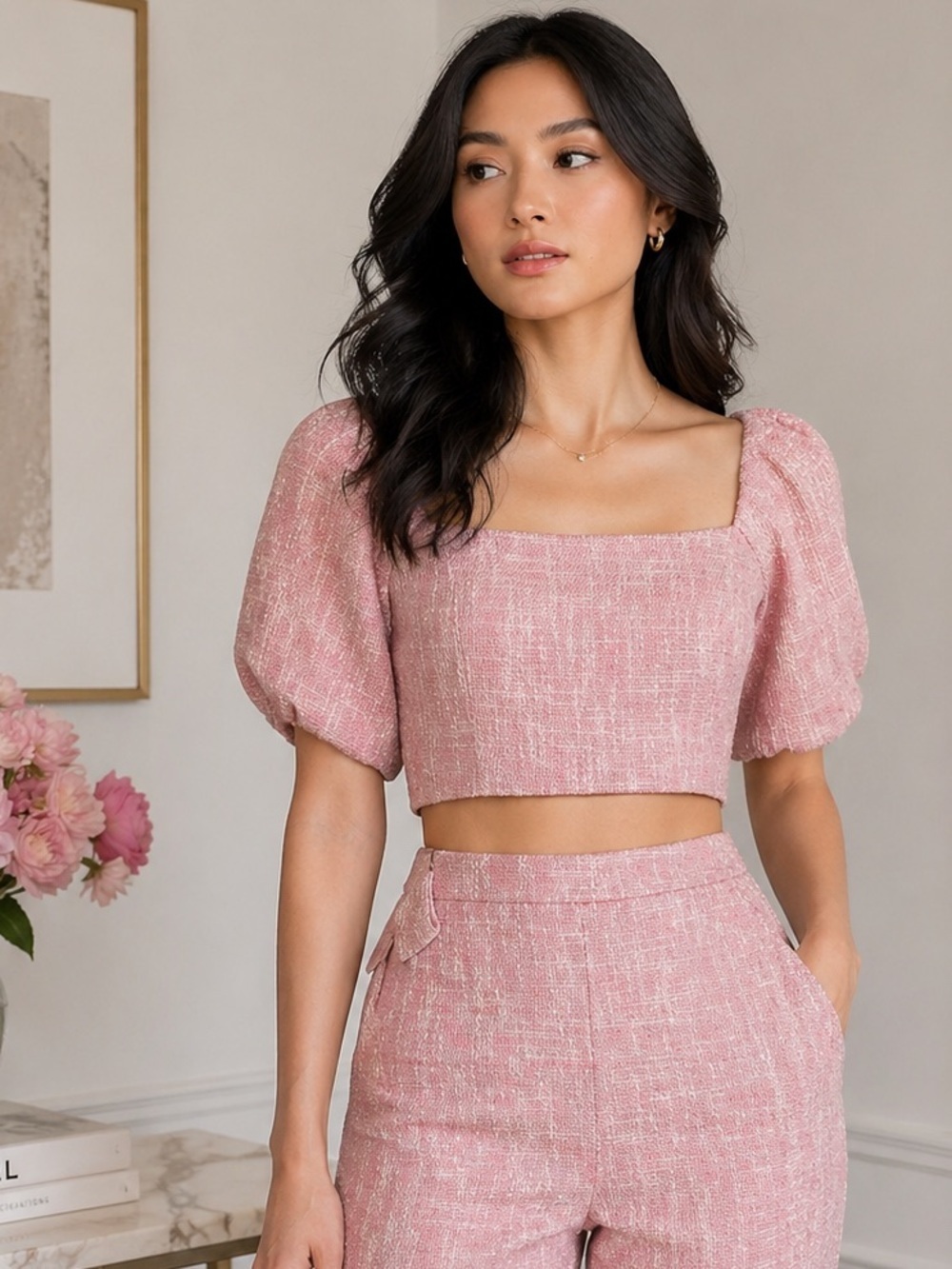 Lucy Paris Vanessa Blush Pink Tweed Crop Top Puff Sleeve stretch Medium smocked